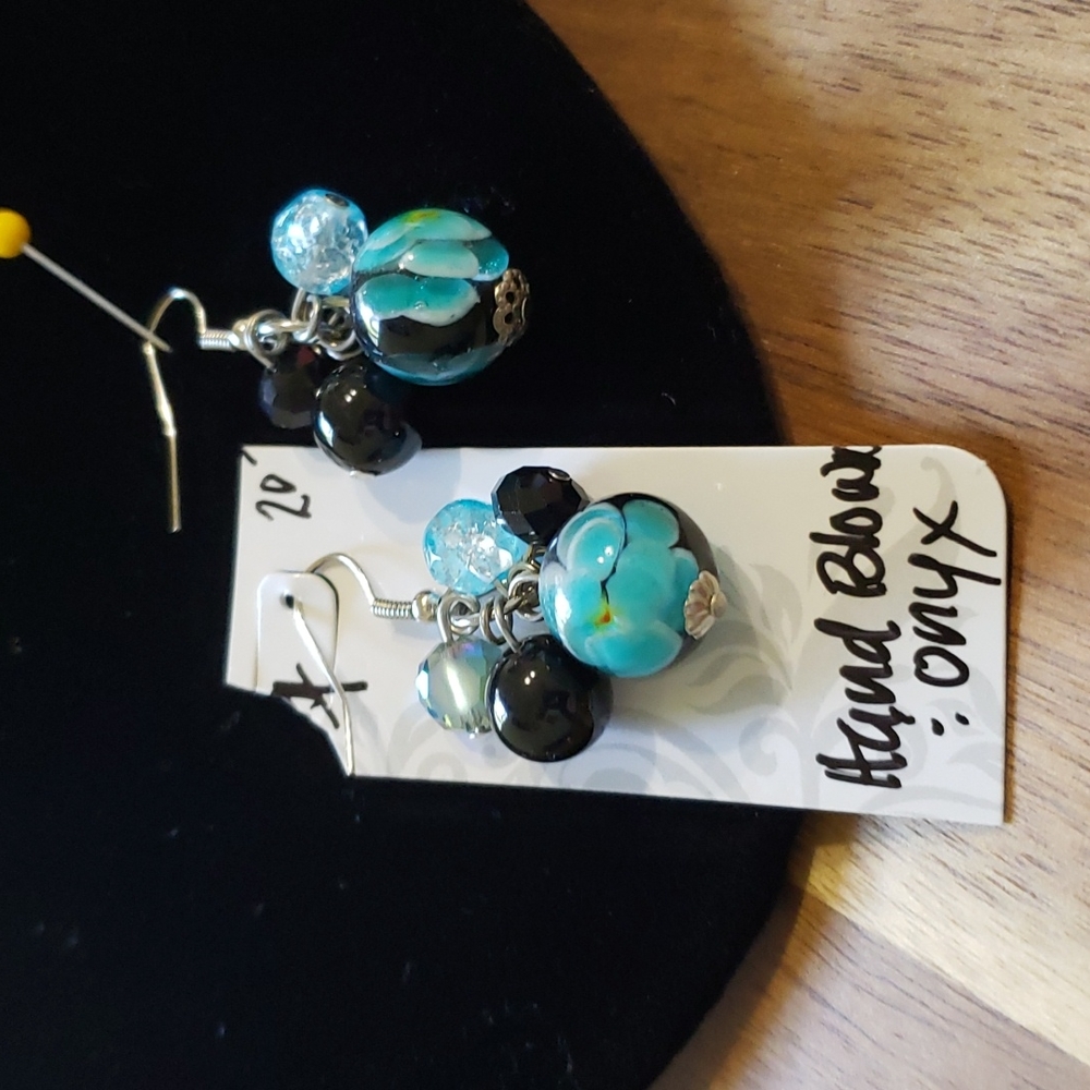 NWT  Hand-blown Turq & Black Onyx Multi drop Earrings